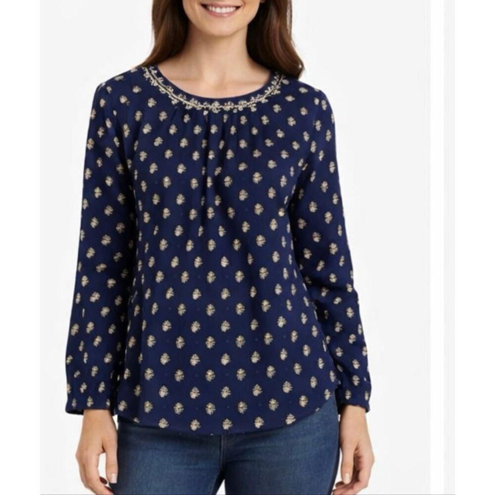 Old Navy blue printed embroidered neckline blouse size small